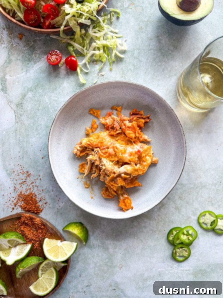 A close-up view of the Chicken and Doritos Casserole, highlighting the layers.