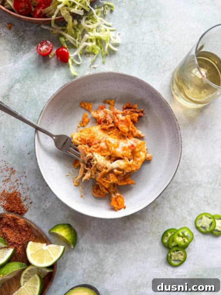 A serving of the Chicken and Doritos Casserole on a plate, showing the layers.