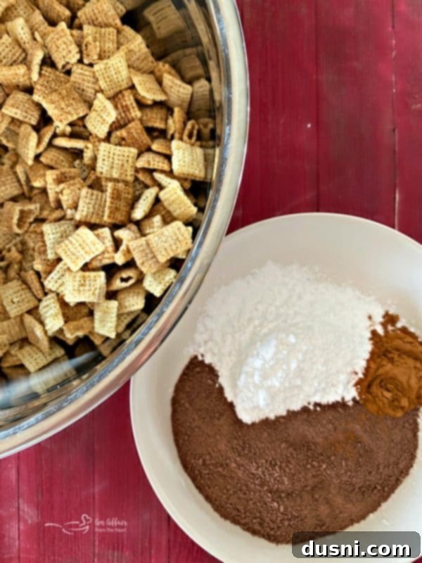 Aztec Hot Cocoa Medley 4 Preparing Mexican Hot Chocolate Chex Mix - mixing ingredients