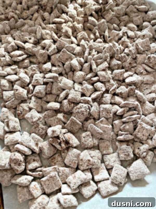 Aztec Hot Cocoa Medley 6 Spreading Mexican Hot Chocolate Chex Mix on parchment paper