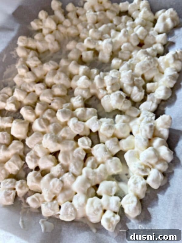 Aztec Hot Cocoa Medley 8 White chocolate coated marshmallows setting on parchment paper