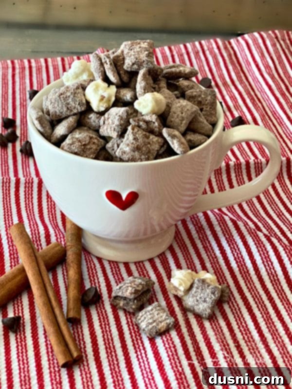 Aztec Hot Cocoa Medley 9 Mexican Hot Chocolate Chex Mix in a heart-shaped cup