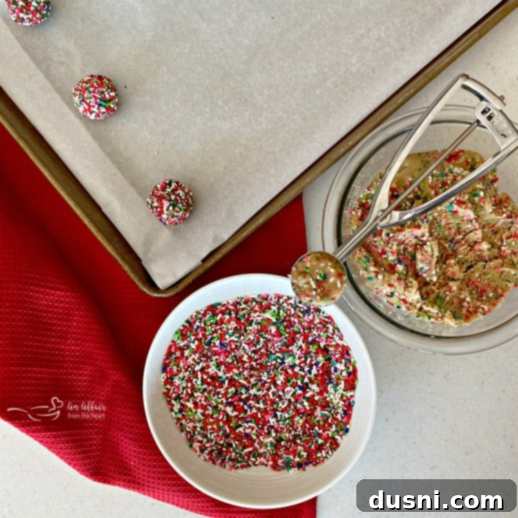 Festive Funfetti Sugar Cookies 12 A cookie scoop shown with dough, ensuring uniform size for rolling Funfetti Sugar Cookies
