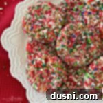 Festive Funfetti Sugar Cookies 22 Overhead of Funfetti Sugar Cookies on a decorative serving plate