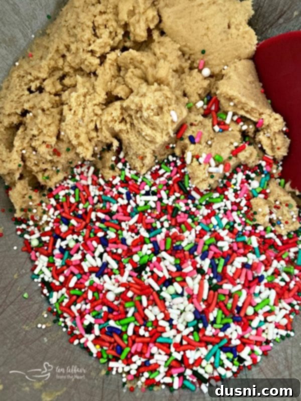 Festive Funfetti Sugar Cookies 10 A bowl of Funfetti Sugar Cookie dough with sprinkles, alongside a second bowl containing more sprinkles for coating