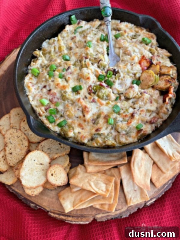 Cheesy Brussels Sprouts Dip with pita and bagel chips