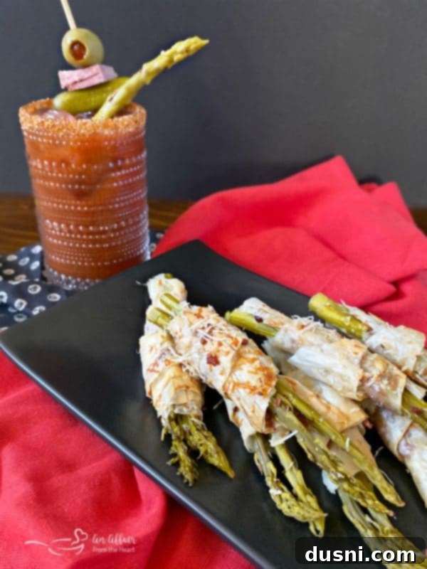 Bacon & Cheese Phyllo Wrapped Pickled Asparagus with Bloody Mary