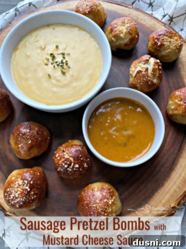 Golden Pretzel Sausage Bites with Zesty Cheese Sauce 19 Glorious close-up of Sausage Pretzel Bombs with Mustard Cheese Sauce, ready to be enjoyed