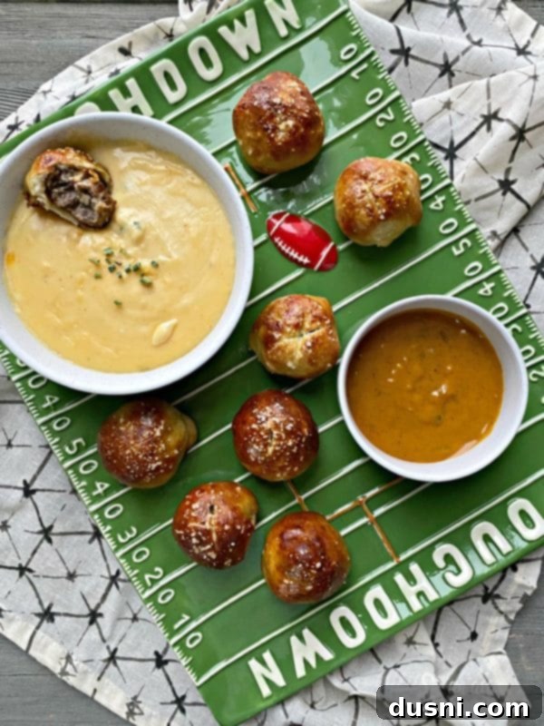 Golden Pretzel Sausage Bites with Zesty Cheese Sauce 5 Plate of Sausage Pretzel Bombs, perfect for a football game or party