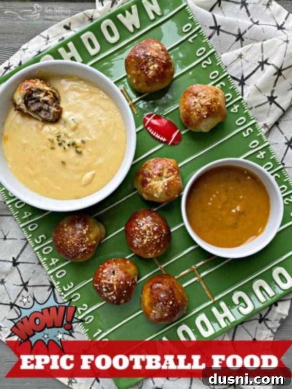 Golden Pretzel Sausage Bites with Zesty Cheese Sauce 7 Sausage Pretzel Bombs: Epic Football Food & Party Snack