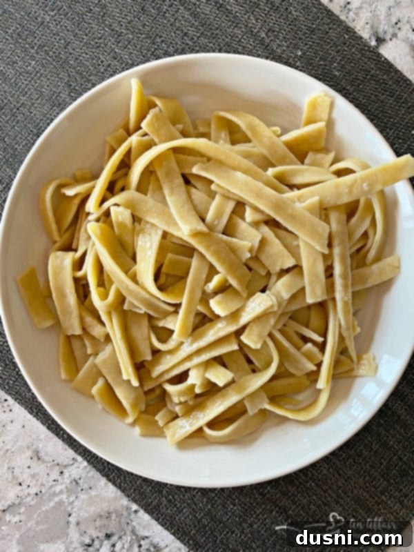 Close-up of freshly made homemade egg noodles