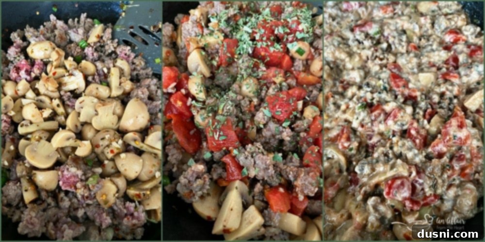 Bold Sausage, Mushroom and Golden Tot Bake 7 Spicy Tater Tot Casserole with Sausage & Mushrooms prepx3