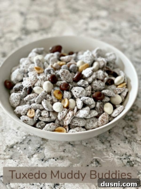Tuxedo Muddy Buddies in a elegant black and white setting