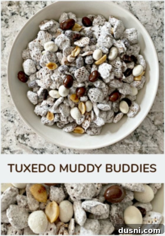 A bowl of Tuxedo Muddy Buddies, a delicious black and white snack mix