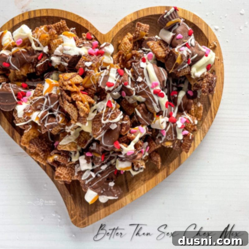 A large serving of Better Than Sex Chex Mix on a festive platter.