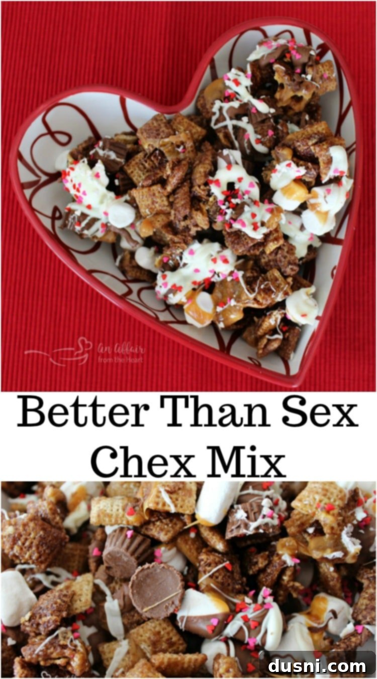 Better Than Sex Chex Mix on a serving board with a tagline 'An Affair from the Heart'.