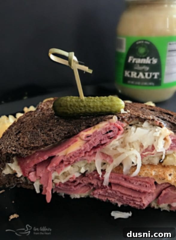 A classic Reuben Sandwich with Frank's Kraut, illustrating the original inspiration for the pot pies.