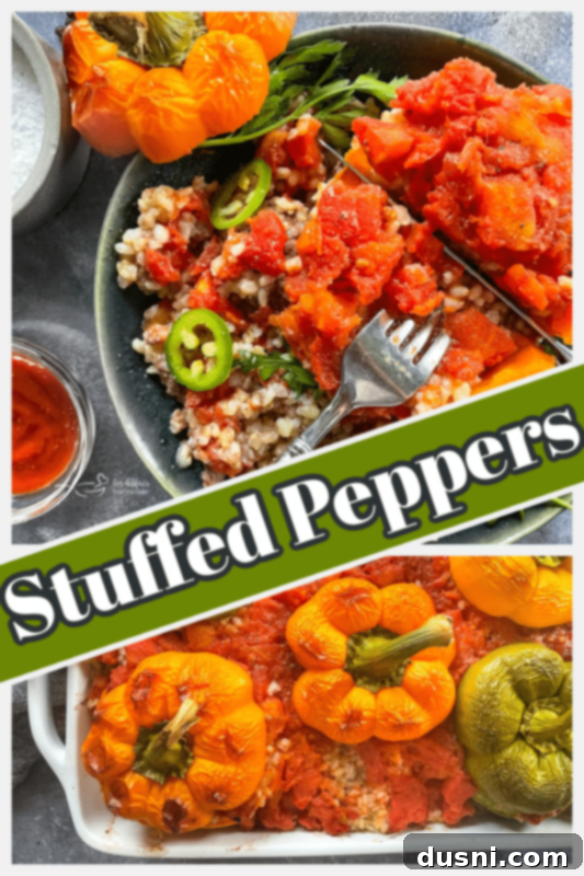 Decorative graphic featuring text 'Stuffed Peppers - An Affair from the Heart' with a background image of stuffed peppers.