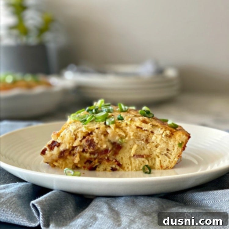 Impossible Pie with Bacon & Swiss slice close up