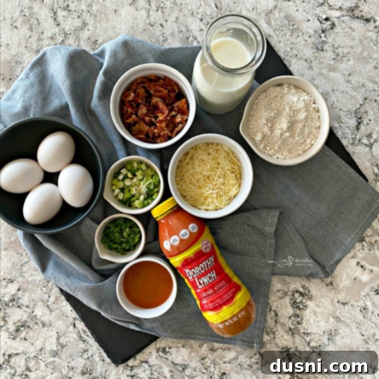 Ingredients for Impossible Pie with Bacon Swiss laid out