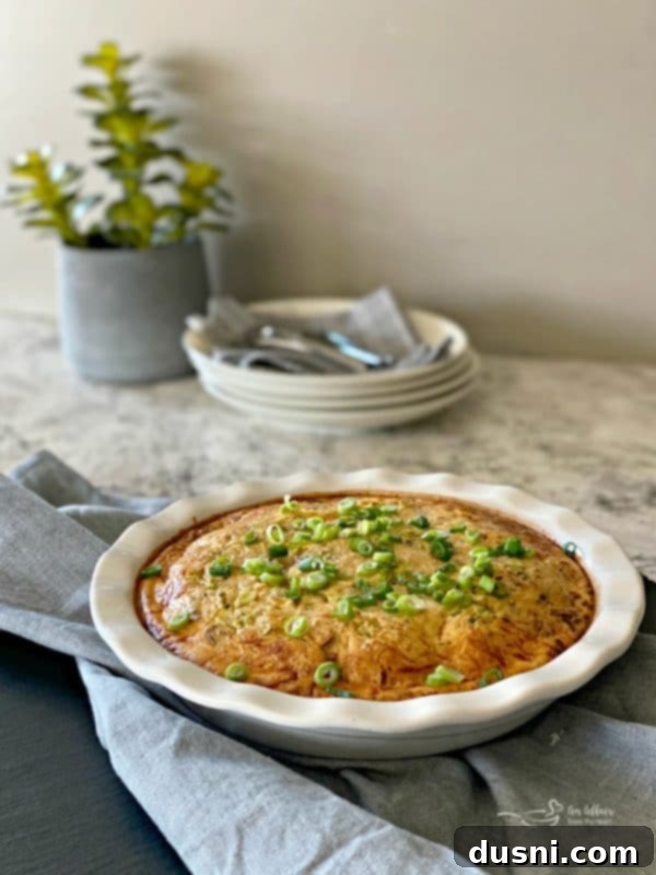 Whole baked Impossible Pie with Bacon and Swiss