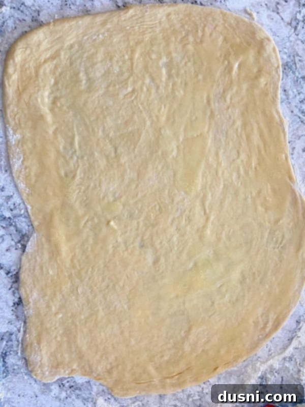 Sunshine Lemon Blueberry Rolls 8 Dough rolled out into a large rectangle