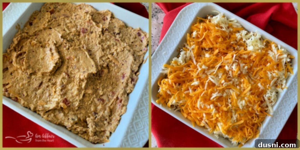 Five bean dip spread into a baking dish