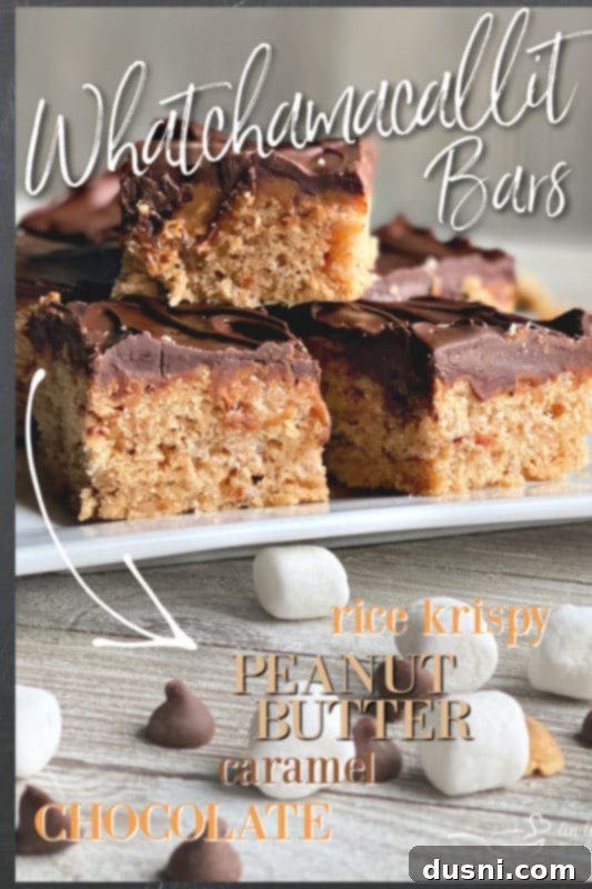 Pantry Perfection Bars 7 Homemade Whatchamacallit Bars on a wooden board, ready to be pinned