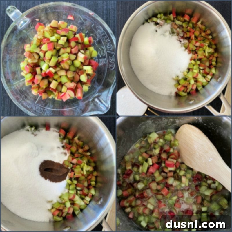 Sweet-Tart Rhubarb Crumble Bars 7 Preparing the rhubarb filling in a saucepan