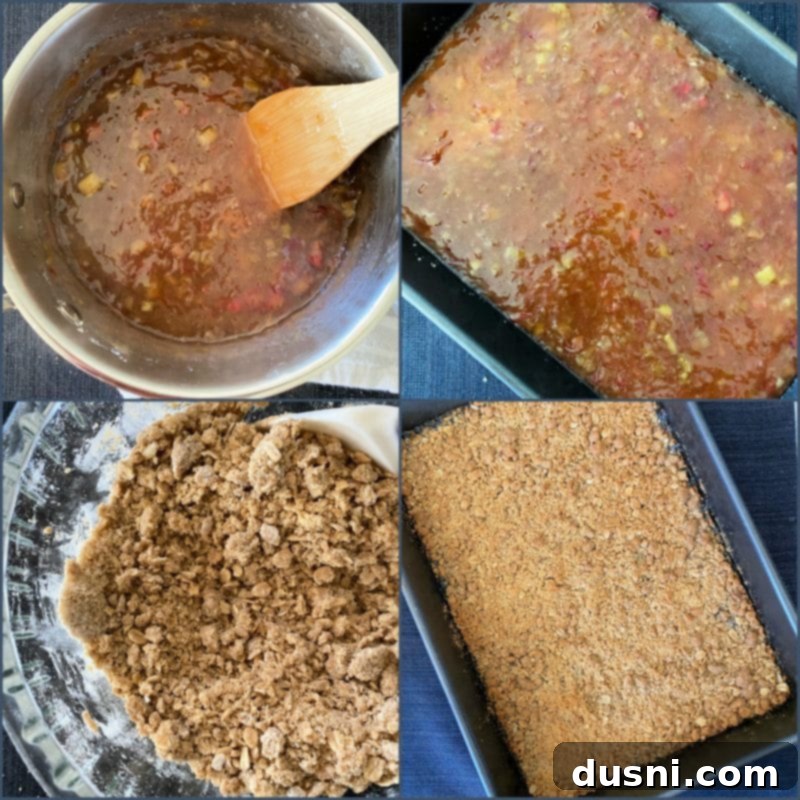 Sweet-Tart Rhubarb Crumble Bars 10 Spreading rhubarb filling over the prepared crust