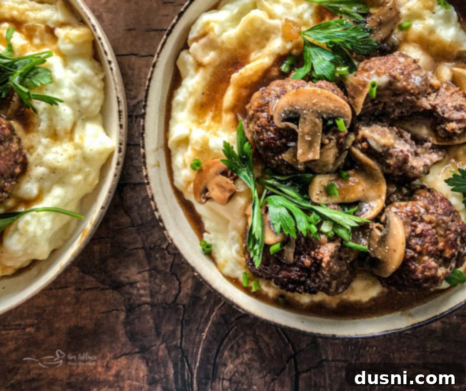 Classic Salisbury Steak Meatballs 2 Homemade Salisbury Steak Meatballs with mushrooms and gravy