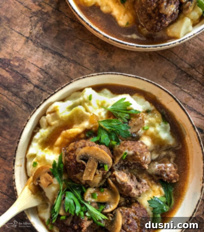 Classic Salisbury Steak Meatballs 14 Salisbury Steak Meatballs served over mashed potatoes