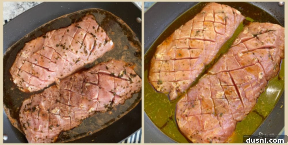 pork loin marinating in a pan in the fridge
