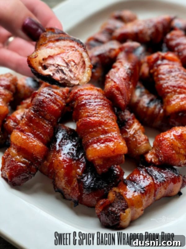 Sweet & Spicy Bacon Wrapped Pork Ribs ready to eat