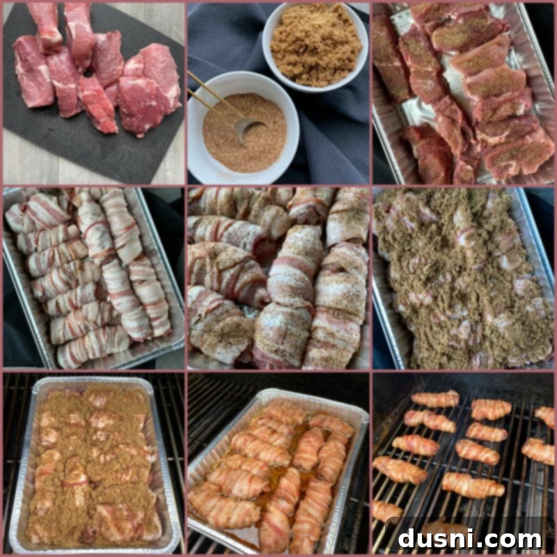 Prepping bacon wrapped pork ribs with spices and brown sugar