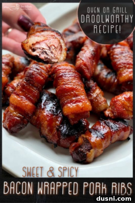 Sweet & Spicy Bacon Wrapped Pork Ribs for Pinterest