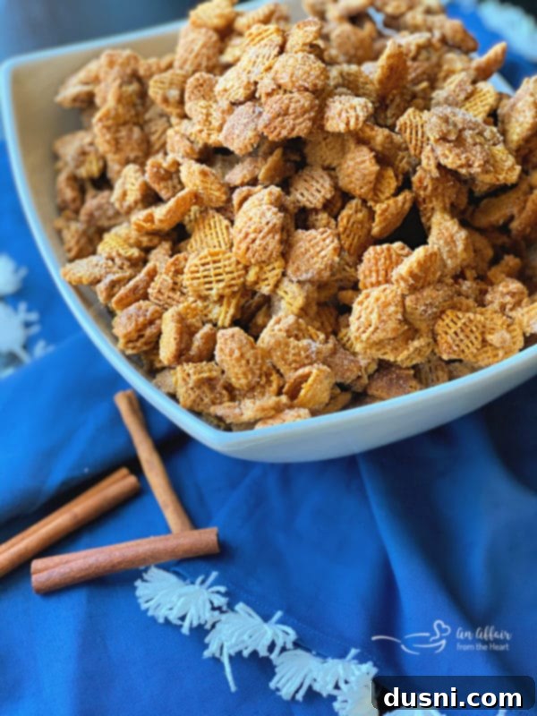 Caramel Churro Chex Mix served in a small white bowl