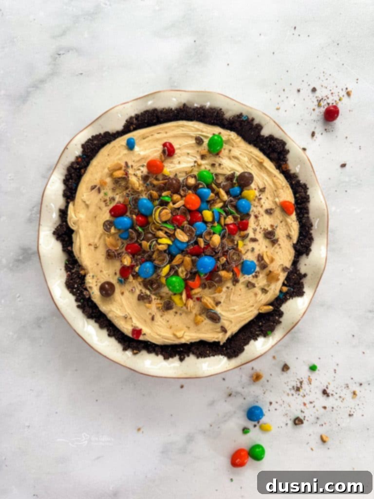 M&M Peanut Butter Bliss Pie 12 The chilled Peanut M&M Peanut Butter Pie, ready to be topped.