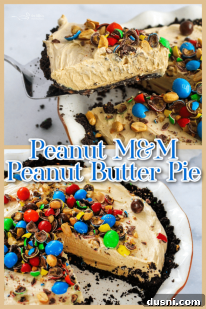 M&M Peanut Butter Bliss Pie 13 A perfectly sliced piece of Peanut M&M Peanut Butter Pie on a serving plate.