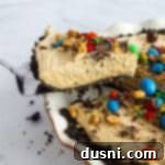 M&M Peanut Butter Bliss Pie 18 Close up of a slice of Peanut M&M Peanut Butter Pie