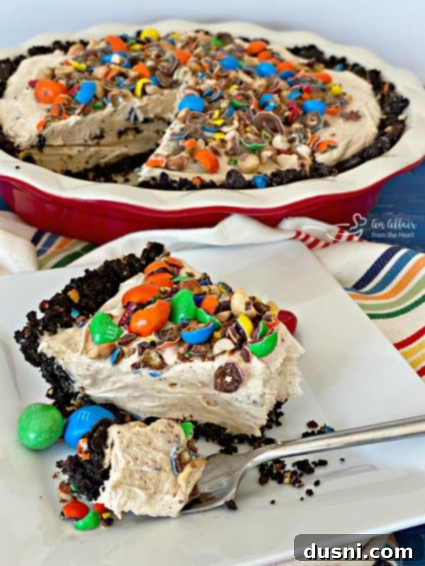 M&M Peanut Butter Bliss Pie 19 A close-up of a small bite taken from a slice of Peanut M&M Peanut Butter Pie.