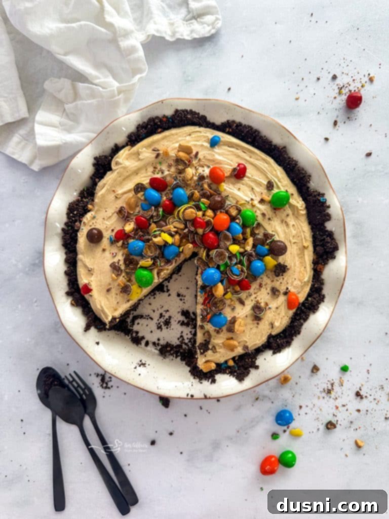 M&M Peanut Butter Bliss Pie 4 A close-up of the smooth, creamy filling of the Peanut M&M Peanut Butter Pie.