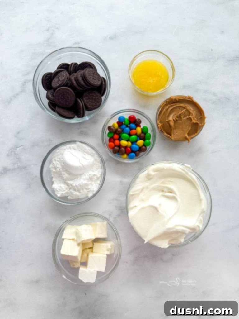 M&M Peanut Butter Bliss Pie 6 Ingredients laid out on a table for making Peanut M&M Peanut Butter Pie.
