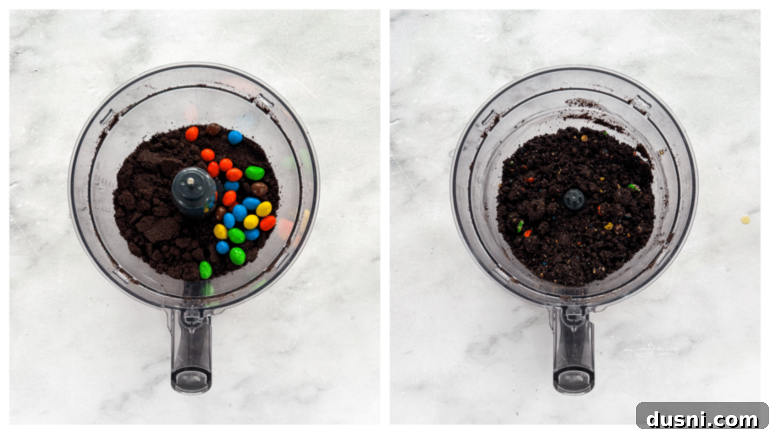M&M Peanut Butter Bliss Pie 8 Crushed Oreo cookies and Peanut M&M's in a food processor, ready for the pie crust.