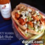 Overhead shot of a Saucy Mama Buffalo Chicken Meatball Sub