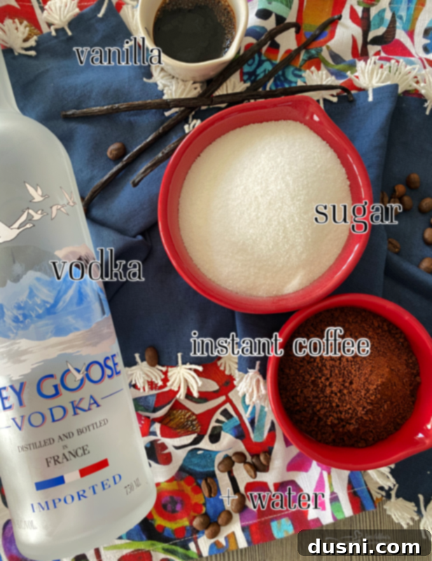 All the simple ingredients for homemade Kahlua laid out: vodka, sugar, instant coffee, vanilla extract, and water.