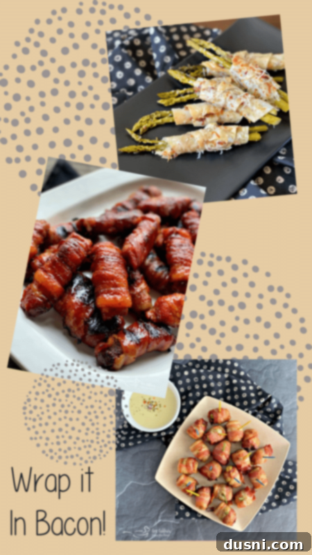 Bacon's Embrace: Recipes for Wrapped Perfection 4 A plate of various bacon-wrapped appetizers, beautifully arranged for serving.