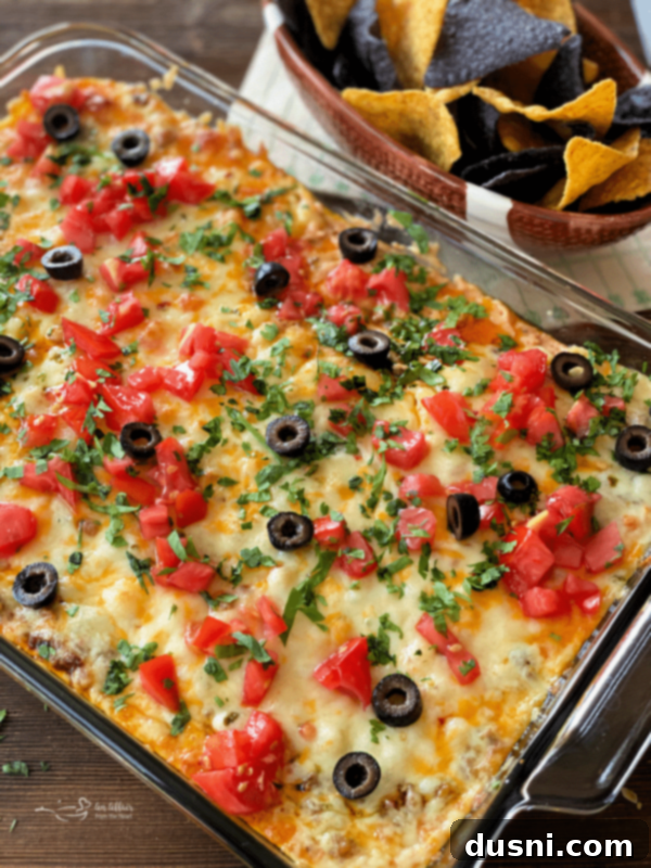 Dorothy's Hot Taco Dip baked and ready for serving