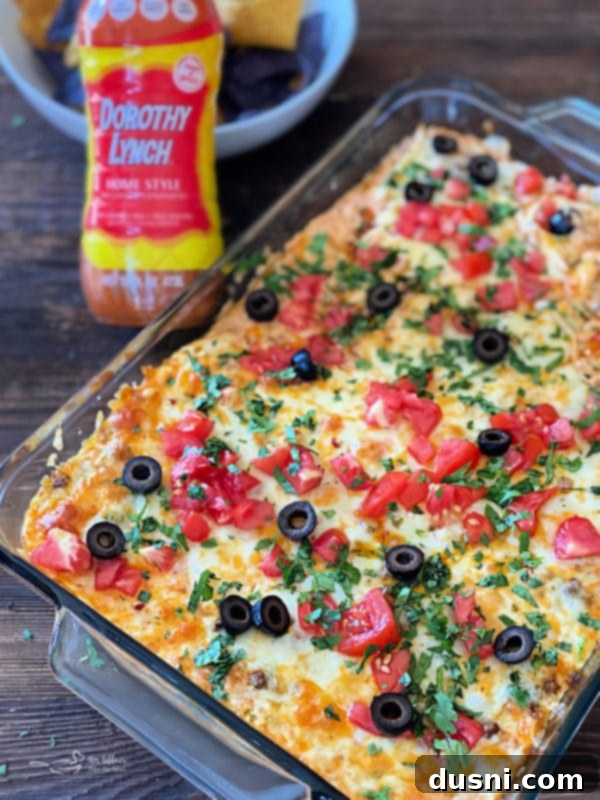 Close up of a serving of Dorothy's Hot Taco Dip