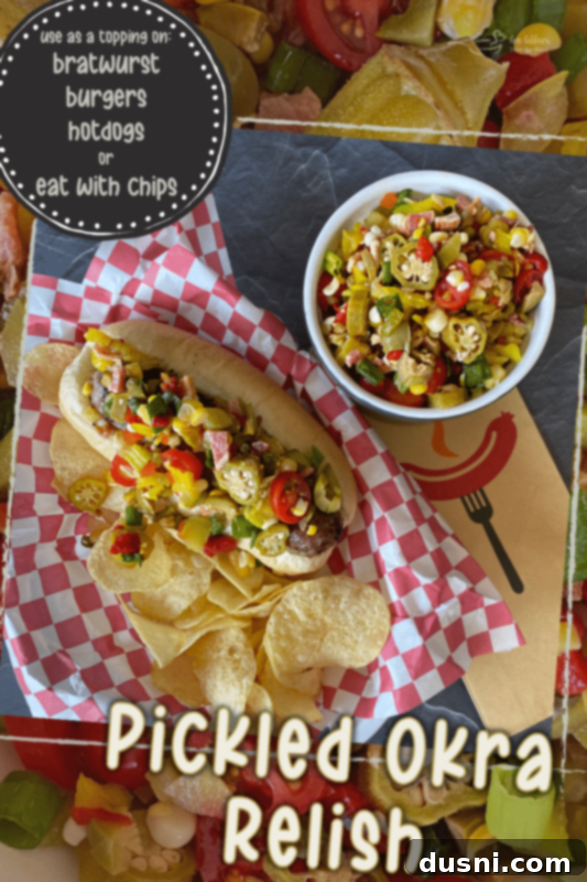 Zesty Okra Delight 17 Pickled Okra Relish served on bratwurst and in a small bowl